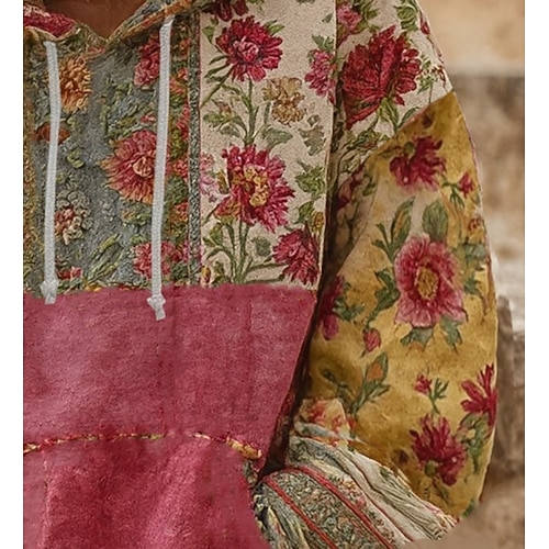  Women's Pullover Hoodie Sweatshirt Floral Graphic Casual Boho Long Sleeve Hooded Regular Tops Street Dailywear Patchwork Print Front Pocket Red Fall Winter