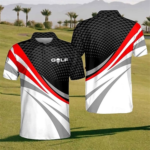  Men's Striped Sports Polo Shirts Golf Shirt Short Sleeve Polo Shirts Collared Shirts Casual Sportswear Vacation Wear Buttons 3D Print Black Yellow Red