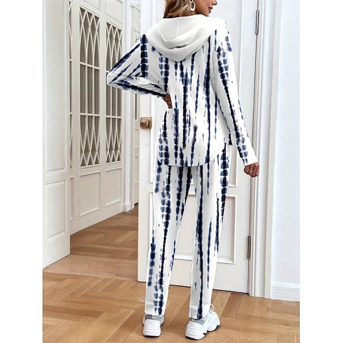  Completo da donna due pezzi, attivo, quotidiano, con felpa e pantaloni, manica lunga, girocollo, con cappuccio, stampa floreale sfumata, con coulisse, casual, nero e bianco, autunno, vestibilità