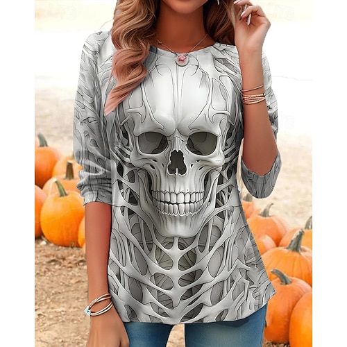  Halloween Damen T Shirt Grafik Schädel Kürbis Vintage Stilvoll Klassisch Langarm Rundhalsausschnitt Normale Oberteile Täglich Druck Schwarz Rote Leicht Braun Orange Hellgrau Herbst Winter