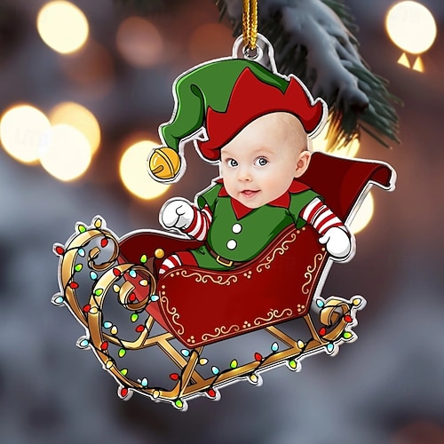  personalizované vánoční ozdoby s fotografií, zakázková tvář, rozkošné miminko se santaovými sáněmi, vánoční ozdoby na stromeček, vánoční dekorace, závěsný přívěsek, dárky