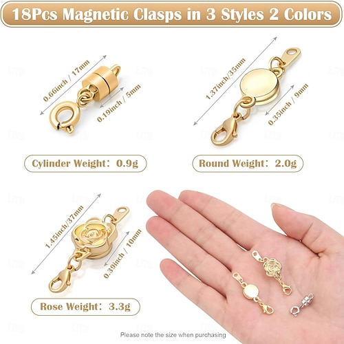  18 peças fechos e fechos magnéticos para colar, 3 estilos de fecho magnético cilíndrico redondo rosa, conector de fecho magnético para joias, extensor de pulseira para fabricação de joias