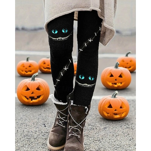  Dámské Kalhoty Legíny Šik ven Na běžné nošení Plná délka Vysoký pasPantsHalloween Kočka Elastický pas Tisk Prodyšnost Pohodlné Elastické Dovolená ulice Denní nošení Černá Léto Jaro Podzim Běžný
