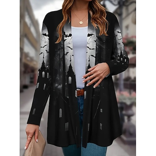  Damen Mantel Leicht Bequem Druck Vintage Künstlerisch Lässig Halloween Schädel Lässig Lang Kragenlos Normale Passform Langarm Oberbekleidung Schwarz Weiß Rote Frühling Herbst