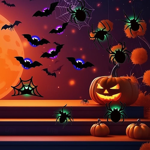  Halloweenské 3D samolepky na zeď s netopýrem, pavoukem, LED tištěné samolepky na netopýry, odnímatelné samolepky na okna do koupelny, dveří, domova, ložnice, párty potřeby