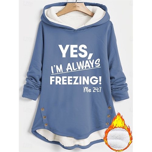  Mulheres Pulôver Moletom Com Capuz Gráfico Letra Quente Casual Manga Longa Com Capuz Tops longos Rua Dia a Dia Botões Imprimir Preto Rosa Escuro Azul Cinzento Outono Inverno
