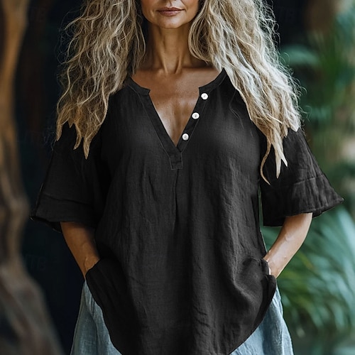  Pentru femei Cămașă Bluză texturată Cămăși inspirate din in Bluză Simplu Modern Casual Manșon scurt În V Topuri obișnuite Zilnic Ieșire Nasturi Negru Galben Roz trandafiriu Gri Albastru Deschis Toamnă
