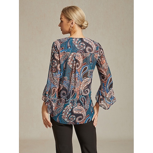  Per donna Camicia Boho Blusa Paisley Vintage Elegante Casual Manica Lunga Scollo a V Top Regolari Ospite di nozze Lavoro Quotidiano Volant Blu marino Estate Primavera Autunno