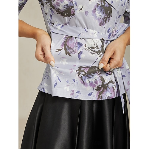  Dame Dressy topper Blomstret Elegant Årgang Bryllup 3/4 ermer V-hals Vanlige topper Bryllupsgjest Festkveldsklær Lys Lilla Vår, Høst, Vinter, Sommer
