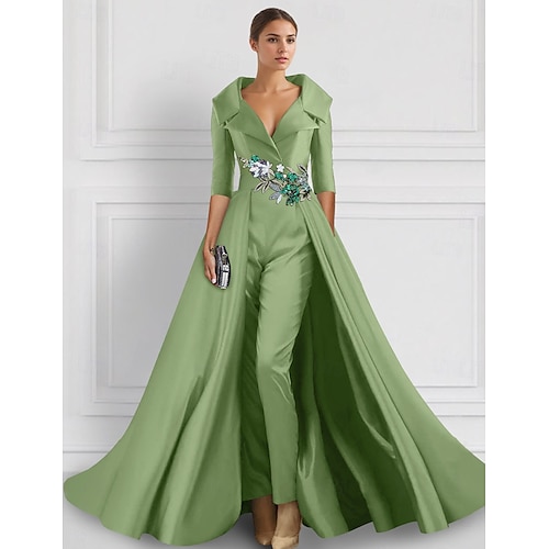 A-Ligne Robe de Soirée Élégante Combinaison Jupe Overskirt Robe de Mariage Formelle Longueur de Sol À Manches Courtes Col Chemise Satin avec Fente Broderie Appliques