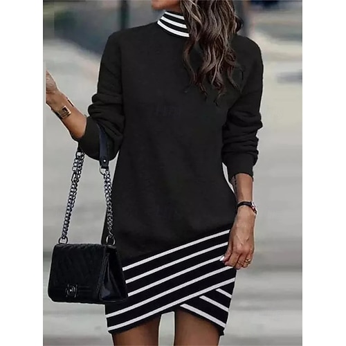 Dame Sweatshirt Kjole Mini Kjole Innpakningskjole Fest Casual Boho Formell Utendørs Hjem Regular Fit Ensfarget Geometrisk Rutete Langermet Høyhals svart hvit Aprikos Vår Høst Vinter