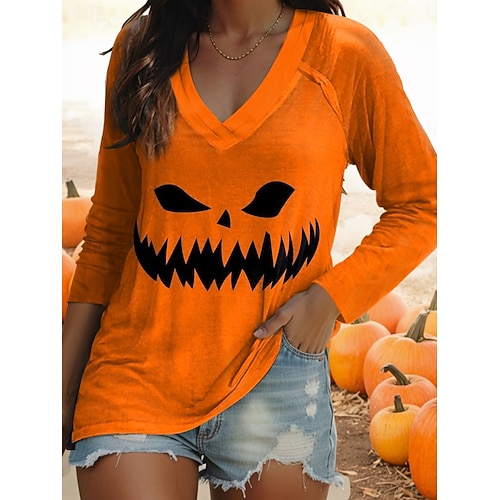  Halloween Womenská trička s dlouhým rukávem výstřih do V dlouhý rukáv grafické volnočasové vintage běžná trička denní potisk černé žluté fialové oranžové hnědé jaro podzim předpodzim