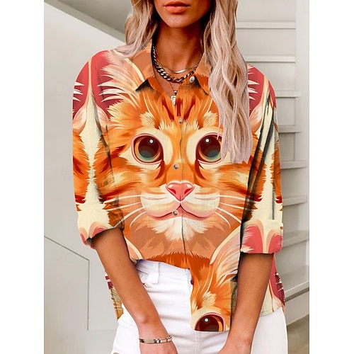  Women's Shirt Cat Active Daily Stylish Long Sleeve Shirt Collar Regular Tops Daily Holiday Buttons Print Yellow Summer Spring Fall
