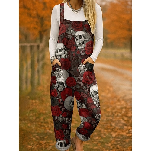  Macacão feminino 100% algodão, leve, floral, sem mangas, perna larga, gola redonda, bolso, férias, diário, solto, preto, branco, vermelho, outono
