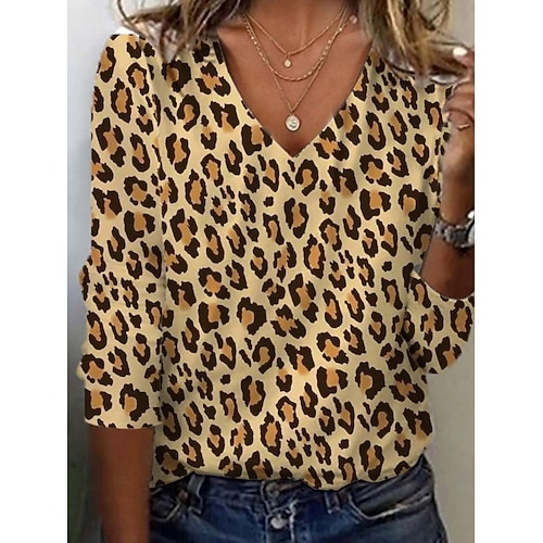  Dam Tunika T-shirt Grafisk Leopard Färgblock Vintage Stylish Ledigt Långärmad V-hals Vanliga toppar Dagligen Sport Helgen Mönster Blå Kaki Höst