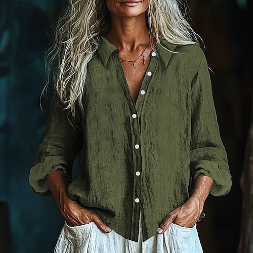 Pentru femei Cămașă Bluză texturată Cămăși inspirate din in Bluză Simplu Modern Casual Manșon Lung Guler Cămașă Topuri obișnuite Zilnic Concediu Ieșire Nasturi Negru Alb Galben Roz Îmbujorat Roșu Vin