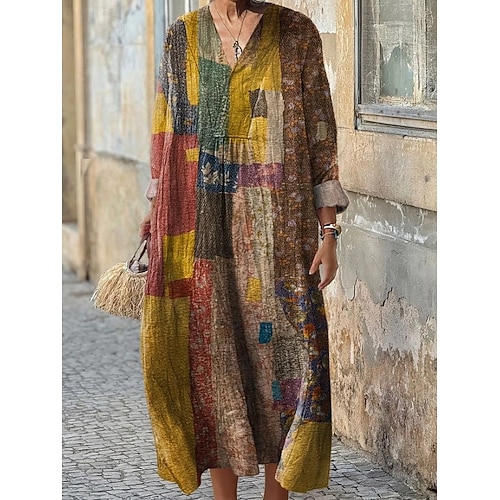  Női Midi ruha Nyári ruha A vonalú ruha Szabadság Alkalmi Boho Parti Szabadság Tengerpart Laza öltözet Virágos Grafika Mértani Hosszú ujj V-alakú Sötétvörös Arcpír rózsaszín Medence Bíbor Nyár Tavasz