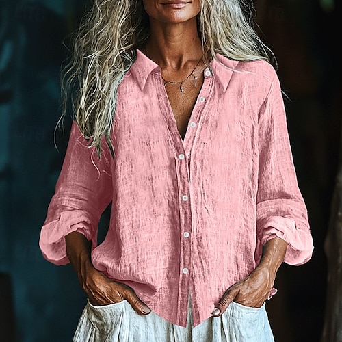  Pentru femei Cămașă Bluză texturată Cămăși inspirate din in Bluză Simplu Modern Casual Manșon Lung Guler Cămașă Topuri obișnuite Zilnic Concediu Ieșire Nasturi Negru Alb Galben Roz Îmbujorat Roșu Vin