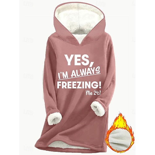  Mulheres Pulôver Moletom Com Capuz Gráfico Letra Quente Casual Velo Sherpa Manga Longa Com Capuz Tops longos Rua Dia a Dia Casual Imprimir Rosa Escuro Azul Cinzento Outono Inverno