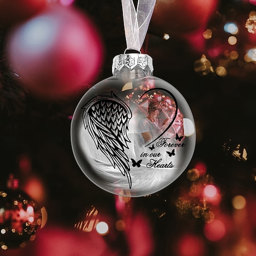  Enfeite de pena de Natal personalizado com foto, enfeite de bola 3D personalizado, presentes de condolências pela perda de entes queridos, decoração de feriado memorial de lembrança de árvore de Natal personalizada