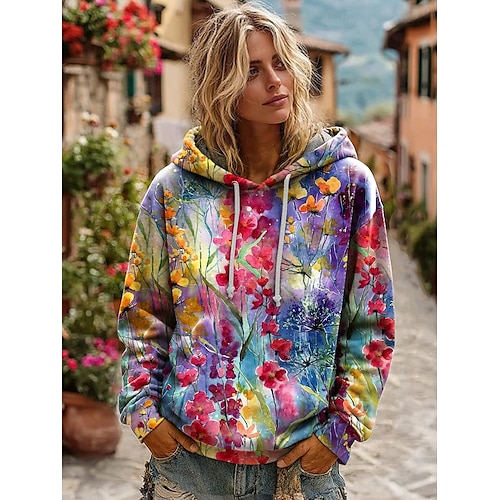  Damen 3D-Print Hoodie Pullover Sweatshirt Oversized Langarm Lässig Grafik Floral Warm Aktiv Kapuze Reguläre Tops Street Dailywear Patchwork Schwarz Weiß Gelb Dunkel Pink Frühling Herbst Winter