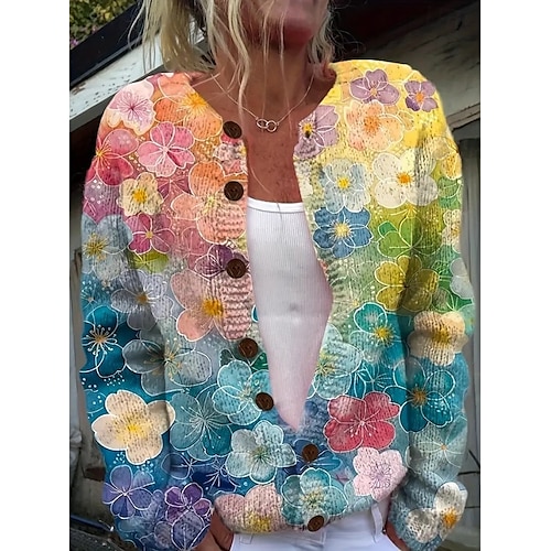  Cardigan da donna maglione femminile Giornaliero Floreale Grafica Coste Girocollo Bottoni Stampa Maniche Lunghe Lunghe Top Maglia Esterno Fine settimana Blu Autunno Inverno