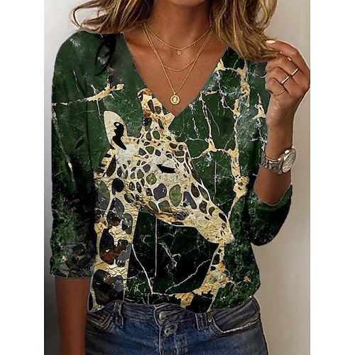  Mujer Sayo Camiseta Leopardo Bloque de color Jirafa Vintage Elegante Casual Manga Larga Escote en Pico Tops regulares Diario Deportes Fin de semana Estampado Amarillo Azul Piscina Morado Verde Trébol