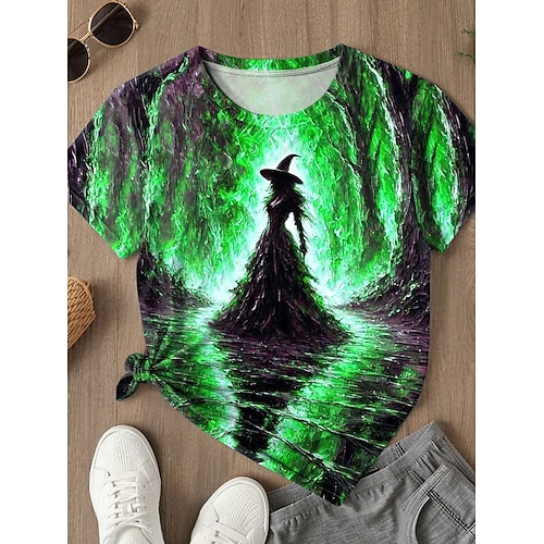  Halloween Dámské Tričko Grafika Čarodějnice Vinobraní stylové Klasické Krátký rukáv Kulatý Běžné topy Denní Tisk Vodní modrá Fialová Oranžová Trávová zelená Léto Jaro Podzim