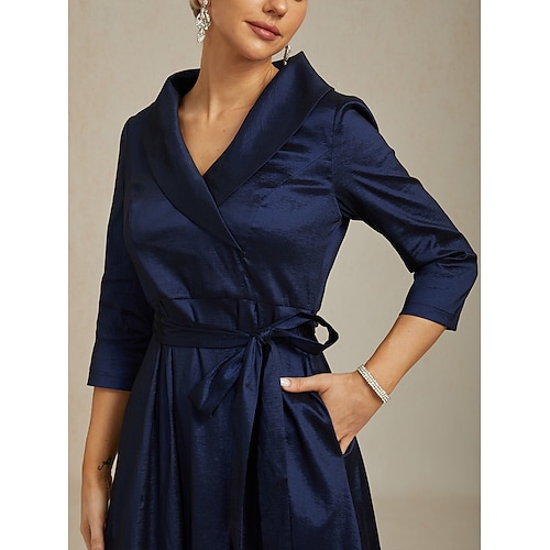  Femmes Robe Maxi Robe de Soirée Élégant ancien Coupe régulière Couleur Unie Manche 3/4 Col en V bleu marine Automne Hiver
