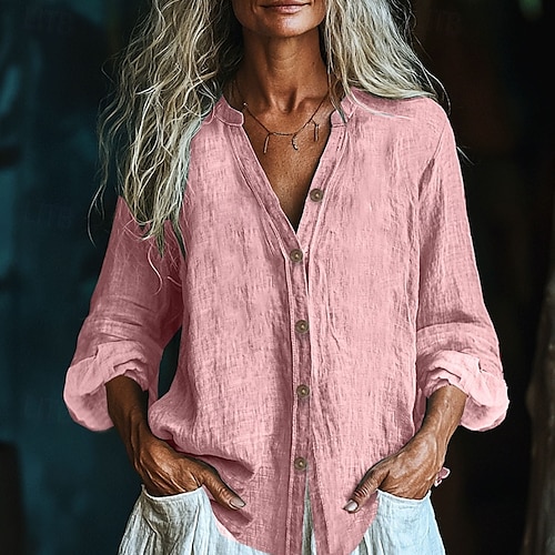  Per donna Camicia Camicie di cotone e lino Blusa con texture Blusa Semplice Moderno Casual Manica Lunga Scollo a V Top Regolari Quotidiano Ferie Uscire Bottoni Nero Bianco Rosa Vino Verde militare