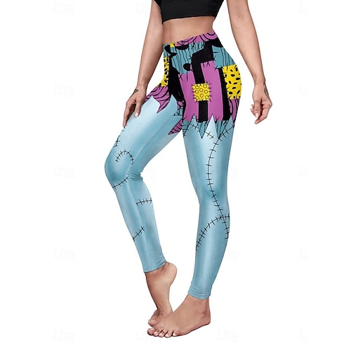  Leggings da donna per Halloween, pantaloncini anti-sfregamento, punk, casual, lunghi, a vita alta, stampa grafica, taglio alto, comodi, traspiranti, alta elasticità, per tutti i giorni, per le vacanze, festival, nero, blu reale, blu