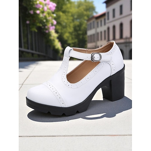 Sapatos Mary Jane femininos de salto grosso e tira em T azul claro – scarpins plataforma de couro sintético, bico redondo e tira com fivela para uso casual, trajes de escritório e eventos de primavera-verão