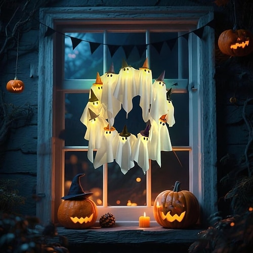  halloween szellemkoszorú fényekkel 16 hüvelykes 12 led-es kis világító fehér szellemgirland kísérteties szellemek halloween koszorúk bejárati ajtóra lógó boszorkánysapka szellem otthoni partiajtó