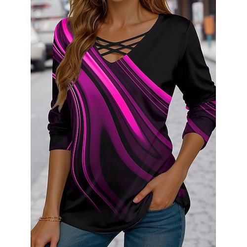  Naisten T-paita Kuvitettu Geometrinen Vintage Tyylikäs Vapaa-aika Pitkähihainen V kaula-aukko Tavalliset topit Päivittäin Katkaistu Painettu Sininen Rubiini Laivastosininen Purppura Apila Kevät Syksy