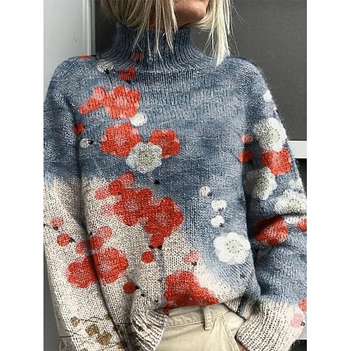 Damen Pullover Urlaub Täglich Blumen Tiermotiv Gerippt Rollkragen