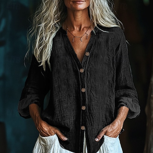  Per donna Camicia Camicie di cotone e lino Blusa con texture Blusa Semplice Moderno Casual Manica Lunga Scollo a V Top Regolari Quotidiano Ferie Uscire Bottoni Nero Bianco Rosa Vino Verde militare