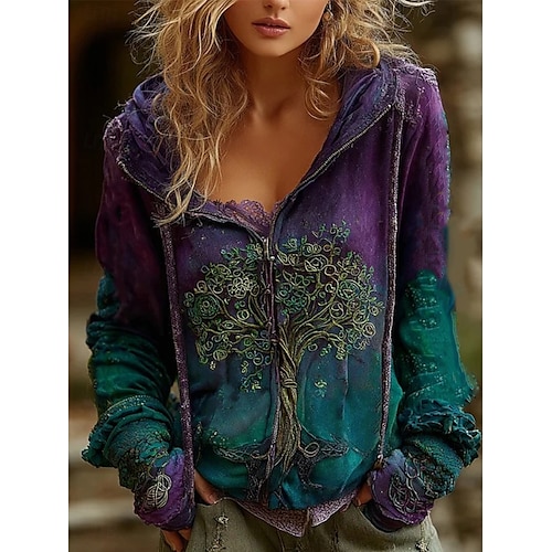  Women's 3D Print Vintage Boho Hoodie Patchwork Hoodie Sweatshirt Floral Zip Up s Floral Punk Active Vintage Long Sleeve Hooded Regular Tops Home Dailywear Casual Yellow Pink Blue Purple Fall Winter