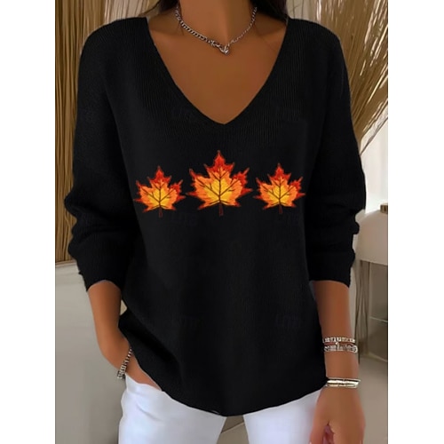  Femmes Pull Occasionnel Doux Fleuri Côtelé Col en V Tricoté Imprimé manche longue Hauts Réguliers Tricoter Extérieur Quotidien Week-end Noir Blanche Automne Hiver