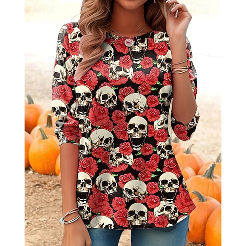  Halloween Damen T Shirt Grafik Schädel Kürbis Vintage Stilvoll Klassisch Langarm Rundhalsausschnitt Normale Oberteile Täglich Druck Schwarz Rote Leicht Braun Orange Hellgrau Herbst Winter