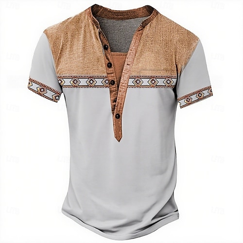  Men's Tribal Ethnic T Shirt Henley Shirt Tee Short Sleeve Designer Basic Ethnic Outdoor Casual Daily Summer Lake blue Black Light Green Dark Blue Light Blue Henley Henley T-Shirt