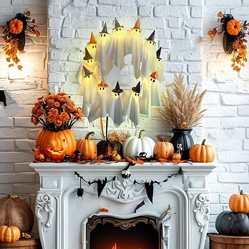  halloween szellemkoszorú fényekkel 16 hüvelykes 12 led-es kis világító fehér szellemgirland kísérteties szellemek halloween koszorúk bejárati ajtóra lógó boszorkánysapka szellem otthoni partiajtó