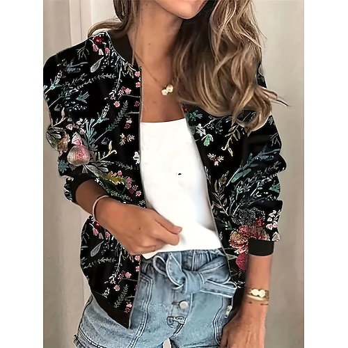  Kurtka bomber damska ciepła, szybkoschnąca, z zamkiem błyskawicznym, elegancka, modna, codzienna, prosta, w kwiaty, na wakacje, swobodna, na co dzień, krótka, z kołnierzykiem baseballowym, regularny