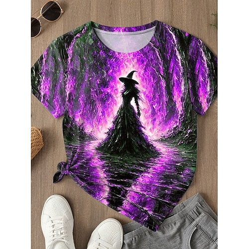  Halloween Dámské Tričko Grafika Čarodějnice Vinobraní stylové Klasické Krátký rukáv Kulatý Běžné topy Denní Tisk Vodní modrá Fialová Oranžová Trávová zelená Léto Jaro Podzim
