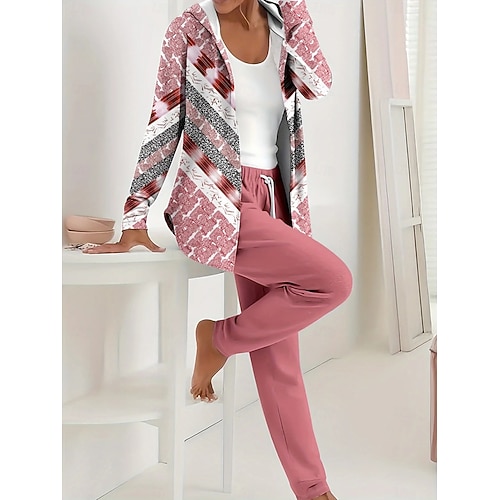  Completo da donna due pezzi, attivo, quotidiano, con felpa e pantaloni, manica lunga, scollo a V, con cappuccio, stampa floreale, con coulisse, casual, giallo, rosa, verde, autunno, vestibilità