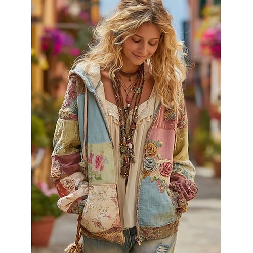  Kvinners 3D Print Hetter Sweatshirt Jakke Langermet Zip Up Hetter Med Lomme Lett Kledelig Mikrodeformbar Zip Up Hetter Blomster Grafisk Gate Hverdagsklær Patchwork Lomme Gul Rosa Høst