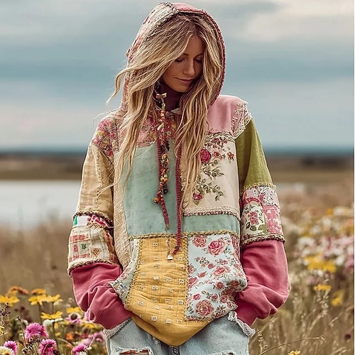  Kvinners 3D Print Hetter Pullover Sweatshirt Overdimensjonert Langermet Kledelig Grafisk Blomster Varm Aktiv Hetter Vanlige Topper Gate Hverdagsklær Patchwork Rosa Vår Høst Vinter