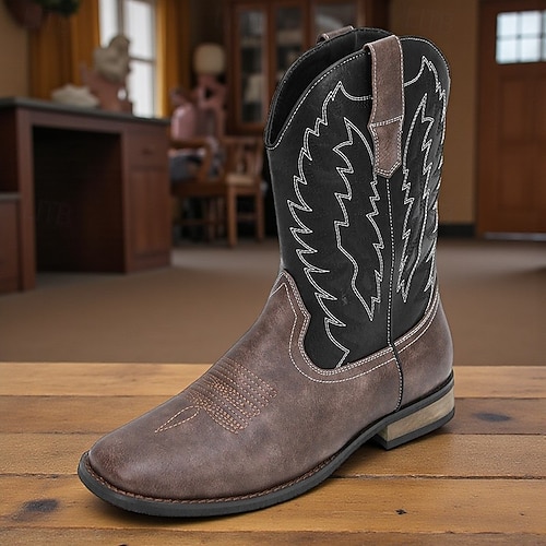 Men's Western Cowboy Boots Square Toe Slip-On Mid-Calf Work