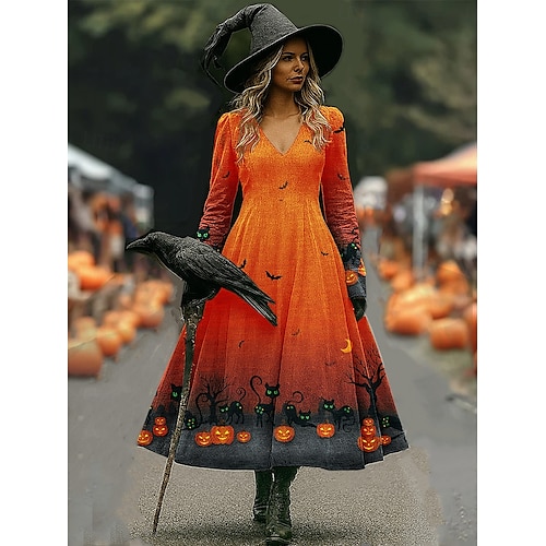  Halloween Dámské Maxi šaty Áčkové šaty prázdniny Na běžné nošení Cikánský Plážové Běžný Květinový Grafika Hokus pokus Dlouhý rukáv Do V Fialová Oranžová Jaro Podzim