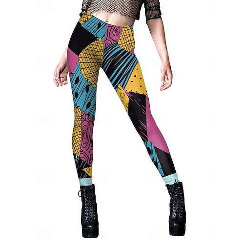  Leggings da donna per Halloween, pantaloncini anti-sfregamento, punk, casual, lunghi, a vita alta, stampa grafica, taglio alto, comodi, traspiranti, alta elasticità, per tutti i giorni, per le vacanze, festival, nero, blu reale, blu