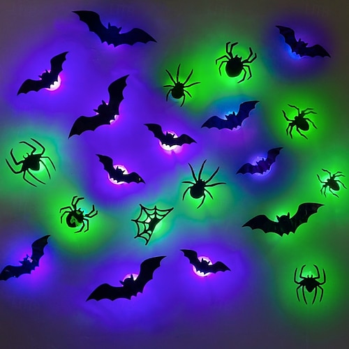  Halloweenské 3D samolepky na zeď s netopýrem, pavoukem, LED tištěné samolepky na netopýry, odnímatelné samolepky na okna do koupelny, dveří, domova, ložnice, párty potřeby